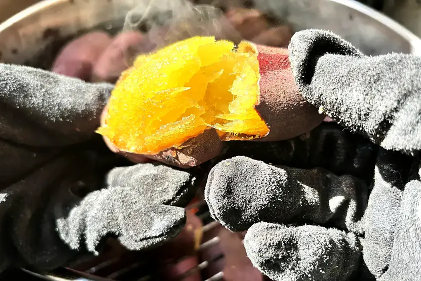 手袋の手で炭火焼きの紅はるかを二つに割り、暗い背景に黄金色の蜜が湯気とともに輝いている